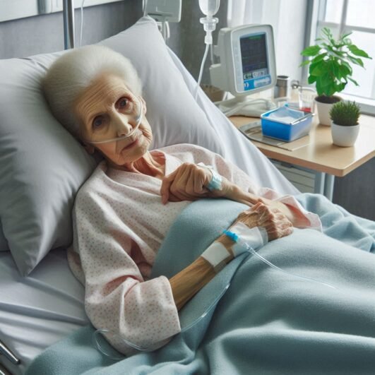 Uma mulher adulta na cama de hospital doente com doença de Berger