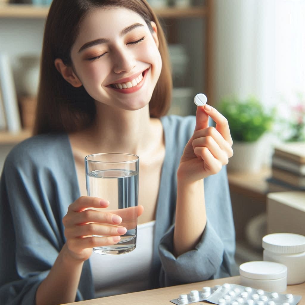 uma mulher tomando nimesulida para tratar sinusite